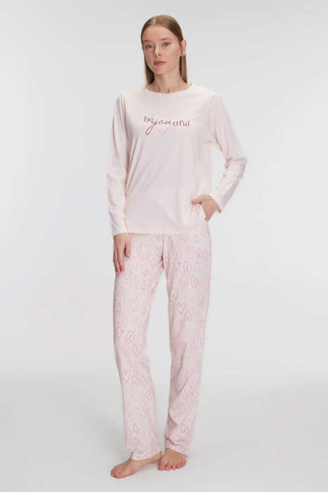 Anıl 11289 Kadın Uzun Kollu Modal Pamuklu Kalpli Toz Pembe Pijama Takımı - 3