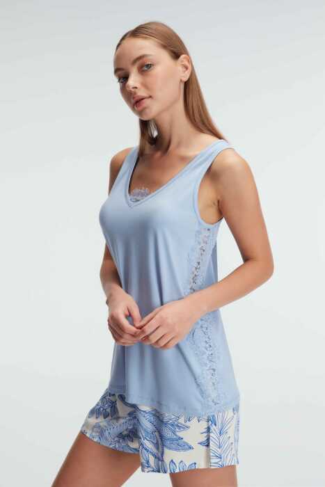 Anıl 9886 Sıfır Kol V YAKA Kadın Viskon Çiçek Desenli Yazlık MİNİ Dantel Detaylı Pijama Takımı - 2