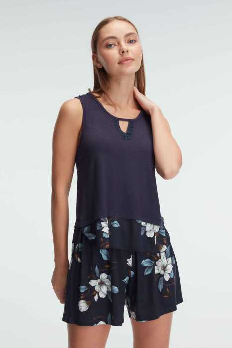 Anıl 9908 Kalın Askılı Bisiklet Yaka Kadın Viskon Çiçek Desenli Yazlık Nakış Detaylı Pijama Takımı - 2