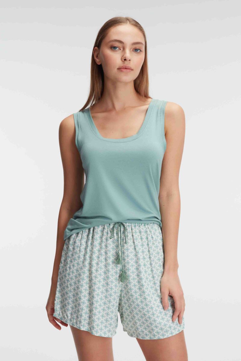 Anıl 9920 Kolsuz Sıfır Kol Oyuk U Yaka Kadın Viskon Çiçek Desenli Yazlık Örme Kısa Pijama Takımı - 1