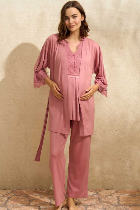 Sıfır Kol V Yaka Kadın Viskon Düz Yazlık Uzun Dantel Detaylı Hamile Pijama Takımı Sabahlık Anıl 5771 
