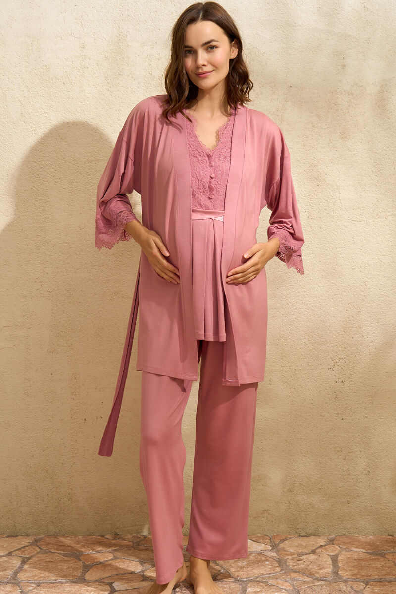 Sıfır Kol V Yaka Kadın Viskon Düz Yazlık Uzun Dantel Detaylı Hamile Pijama Takımı Sabahlık Anıl 5771 - 1