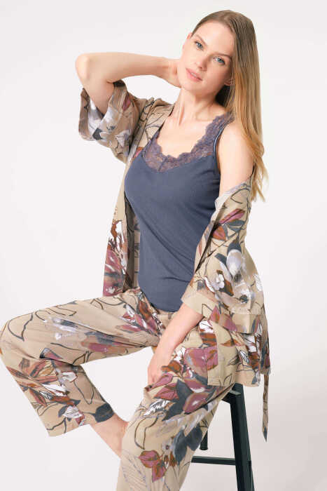 Anıl 5786 İp Askılı V Yaka Viskon Çiçek Desenli Kışlık Örme Normal Bel Bağlamalı Dantel Detaylı Pijama Takımı - 5