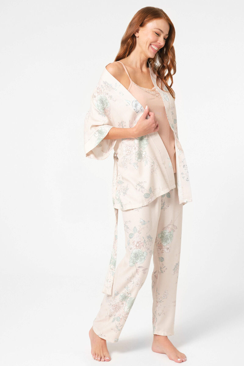 Anıl 5794 İp Askılı V Yaka Viskon Çiçek Desenli Kışlık Örme Normal Bel Bağlamalı Dantel Detaylı Pijama Takımı Sabahlık Takım - 1