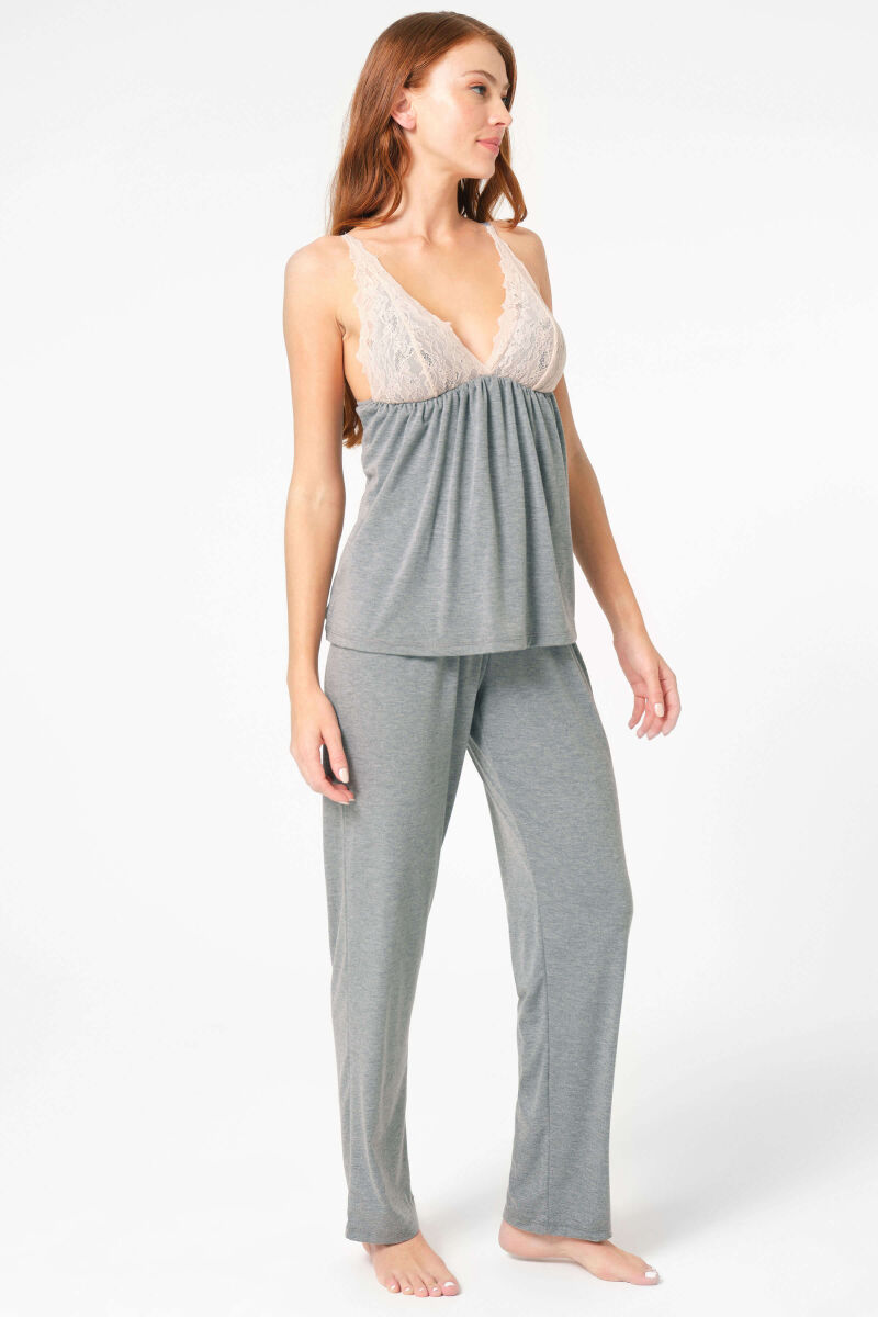 Anıl 5803 Kalın Askılı V Yaka Viskon düz Kışlık Örme Normal Bel Dantel Detaylı Pijama Takımı Sabahlık - 8