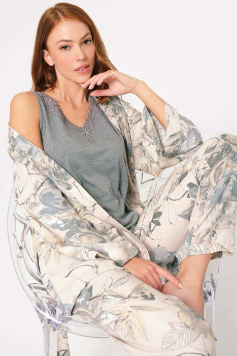 Anıl 5805 Kalın Askılı V Yaka Viskon Çiçek Desenli Kışlık Örme Normal Bel Bağlamalı Nakış Detaylı Pijama Takımı Sabahlık 