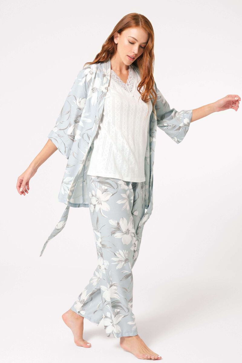 Anıl 5806 Kalın Askılı V Yaka Cotton Çiçek Desenli Kışlık Örme Normal Bel Bağlamalı Dantel Detaylı Pijama Takımı - 2