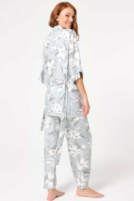 Anıl 5806 Kalın Askılı V Yaka Cotton Çiçek Desenli Kışlık Örme Normal Bel Bağlamalı Dantel Detaylı Pijama Takımı - 3