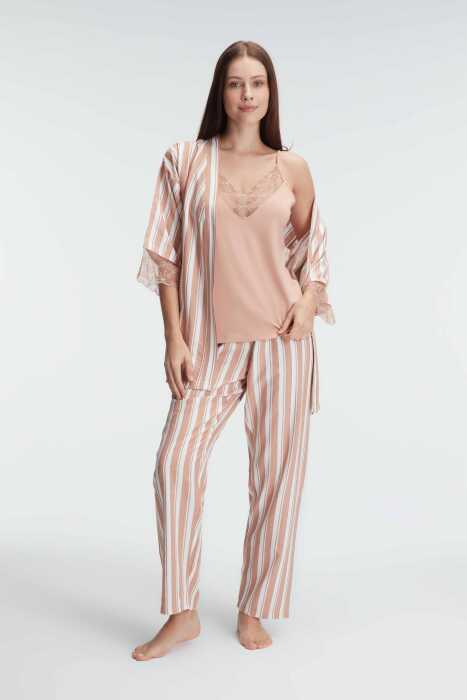 Anıl 5821 İp Askılı V Yaka Kadın Viskon Çizgili Desenli Yazlık Örme Pijama Takımı Sabahlık 