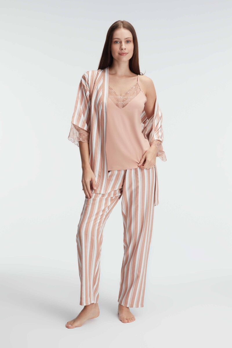 Anıl 5821 İp Askılı V Yaka Kadın Viskon Çizgili Desenli Yazlık Örme Pijama Takımı Sabahlık - 1
