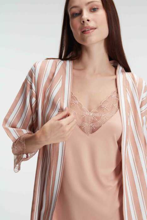 Anıl 5821 İp Askılı V Yaka Kadın Viskon Çizgili Desenli Yazlık Örme Pijama Takımı Sabahlık - 3