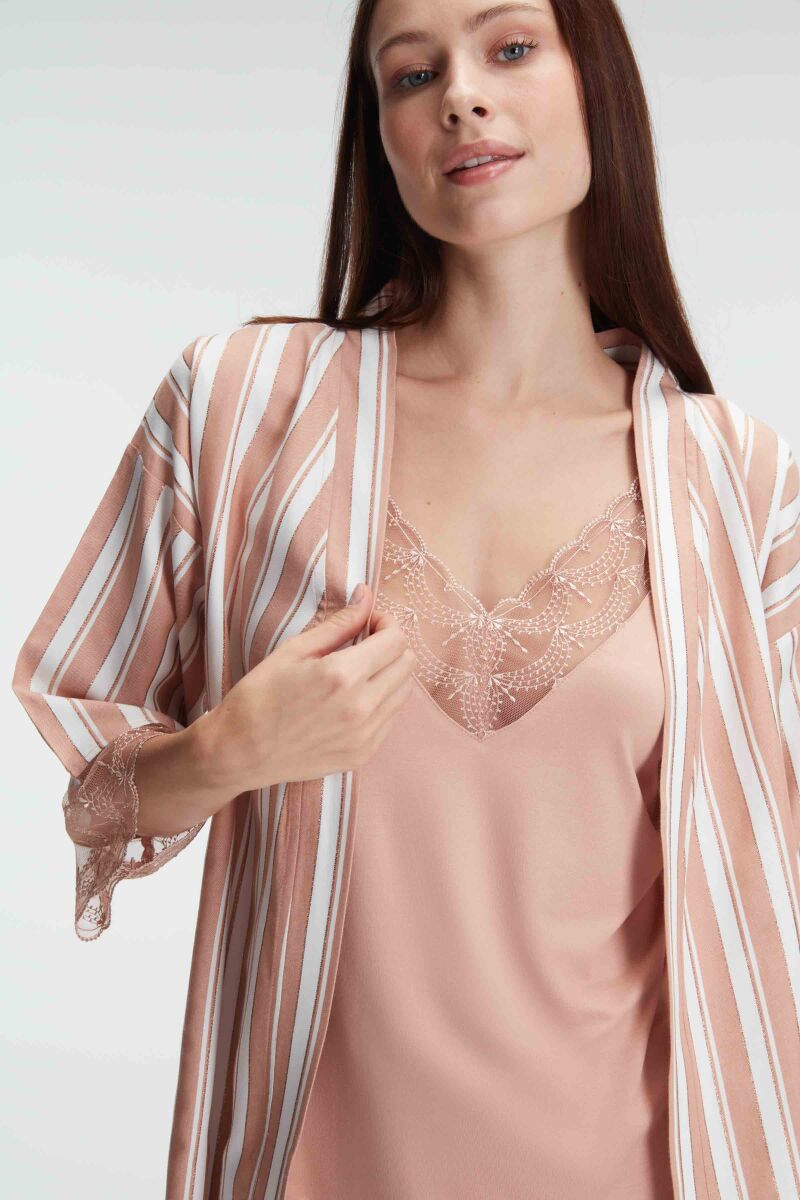 Anıl 5821 İp Askılı V Yaka Kadın Viskon Çizgili Desenli Yazlık Örme Pijama Takımı Sabahlık - 3