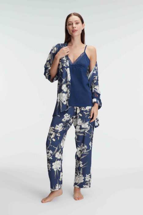 Anıl 5825 İp Askılı V Yaka Kadın Viskon Çiçek Desenli Yazlık Dantel Detaylı Pijama Takımı Sabahlık - 2