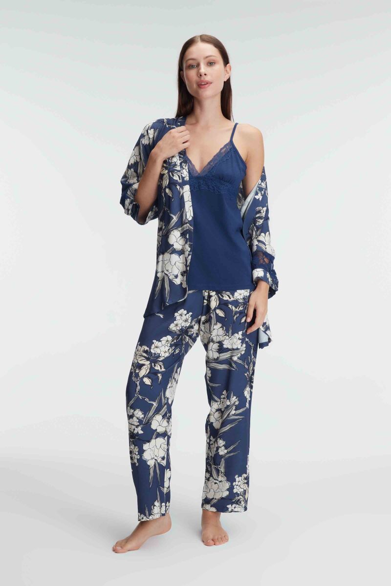 Anıl 5825 İp Askılı V Yaka Kadın Viskon Çiçek Desenli Yazlık Dantel Detaylı Pijama Takımı Sabahlık - 6