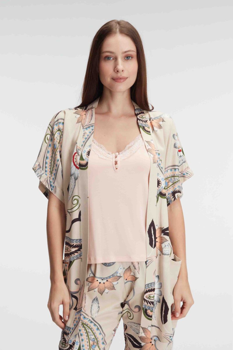 Anıl 5840 İp Askılı V Yaka KADIN Viskon Çiçek Desenli Yazlık Dantel Detaylı Pijama Takımı Sabahlık - 6