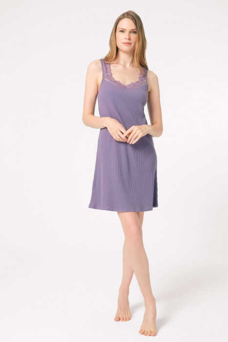 Anıl 5790 Kalın Askılı Oyuk U Yaka Modal Çiçek Desenli Kışlık Örme Normal Bel Dantel Detaylı Gecelik Sabahlık - 10