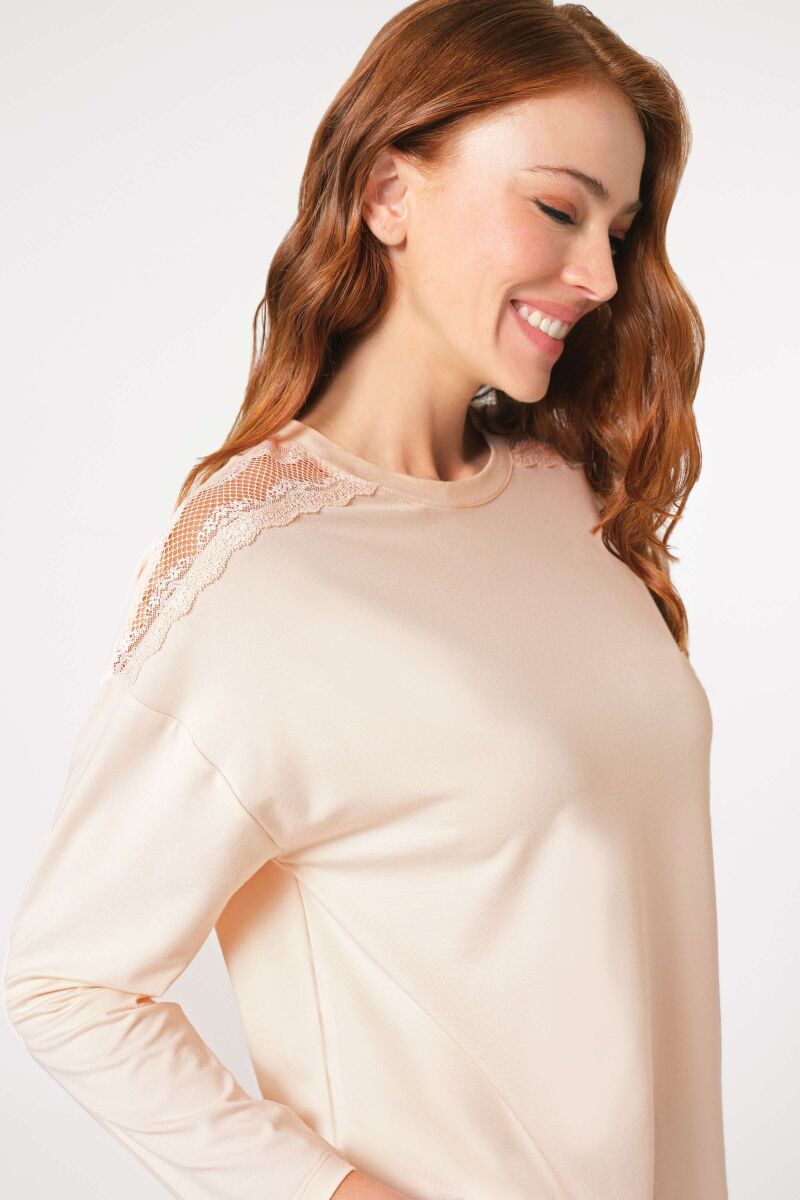 Anıl 9847 Uzun Kol Bisiklet Yaka Viskon Çiçek Desenli Kışlık Örme Normal Bel Düğmeli Dantel Detaylı Pijama Takımı - 4