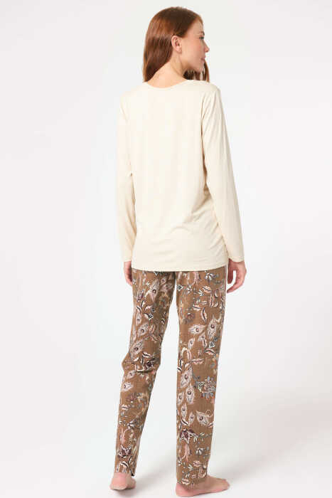 Anıl 9850 Uzun Kol V Yaka Modal Çiçek Desenli Kışlık Örme Normal Bel Dantel Detaylı Pijama Takımı - 6