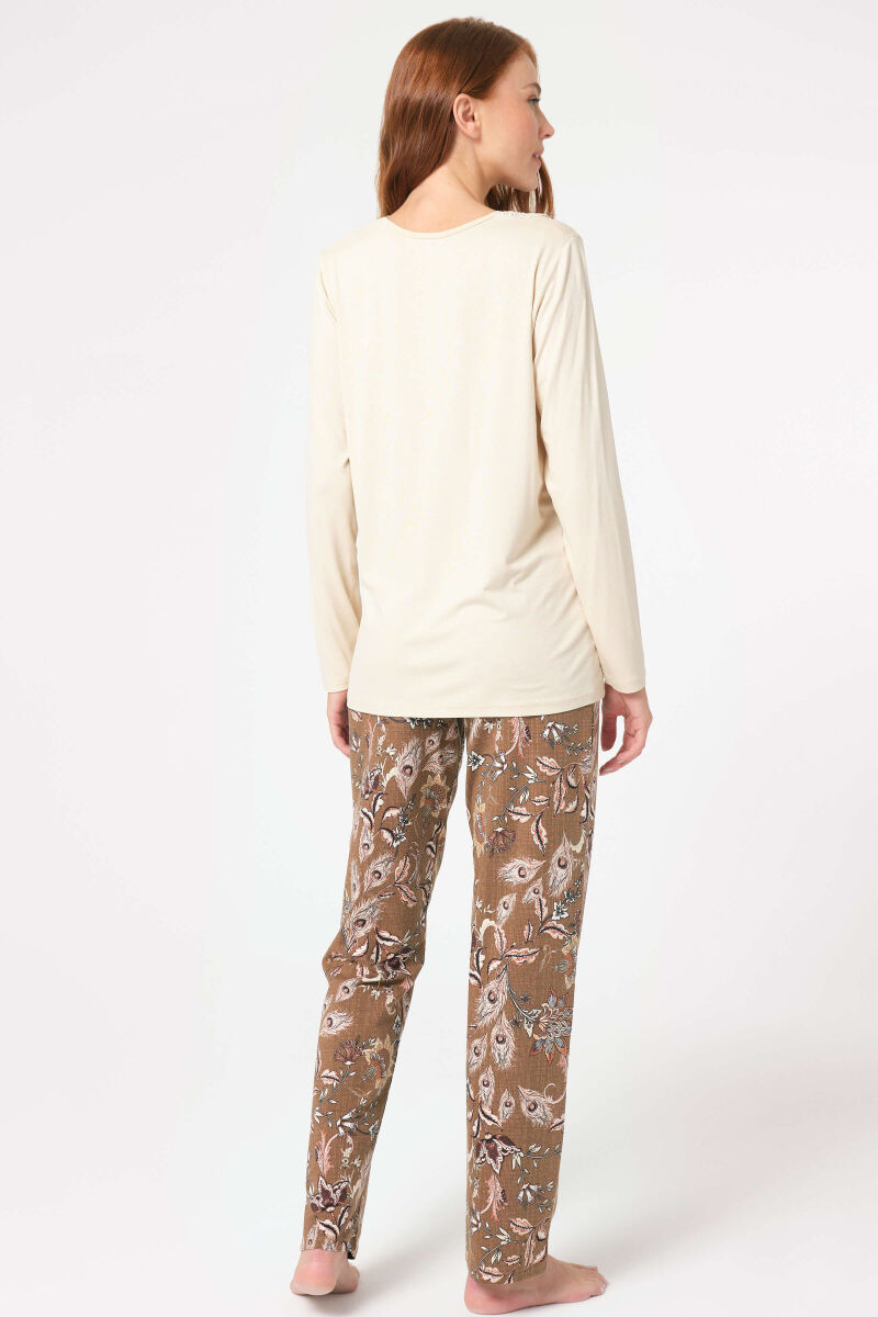 Anıl 9850 Uzun Kol V Yaka Modal Çiçek Desenli Kışlık Örme Normal Bel Dantel Detaylı Pijama Takımı - 6