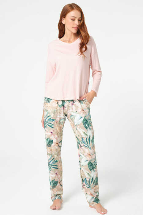 Anıl 9854 Uzun Kol V Yaka Viskon Çiçek Desenli Kışlık Örme Normal Bel Pijama Takımı - 5
