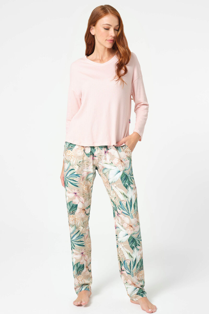 Anıl 9854 Uzun Kol V Yaka Viskon Çiçek Desenli Kışlık Örme Normal Bel Pijama Takımı - 5