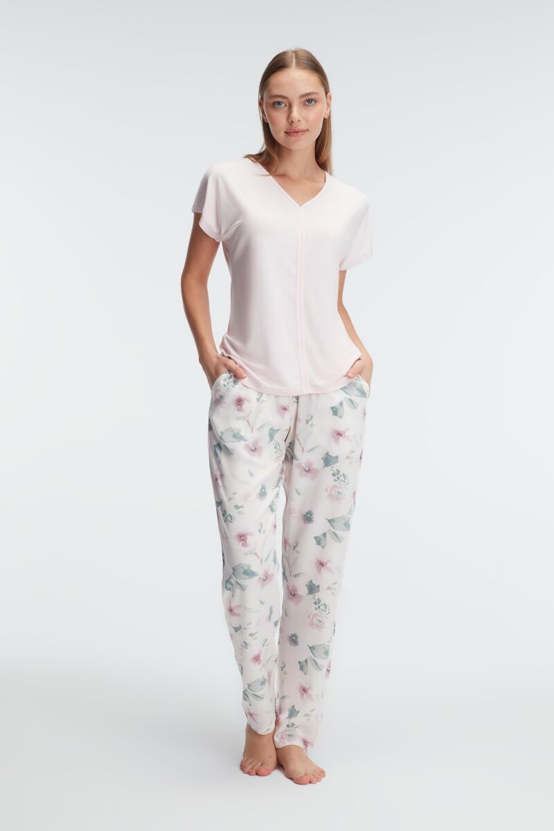 Anıl 9868 Ev Giyimi Kısa Kol V Yaka Kadın Viskon Çiçek Desenli Yazlık Örme Normal Bel Pijama Takımı - 1