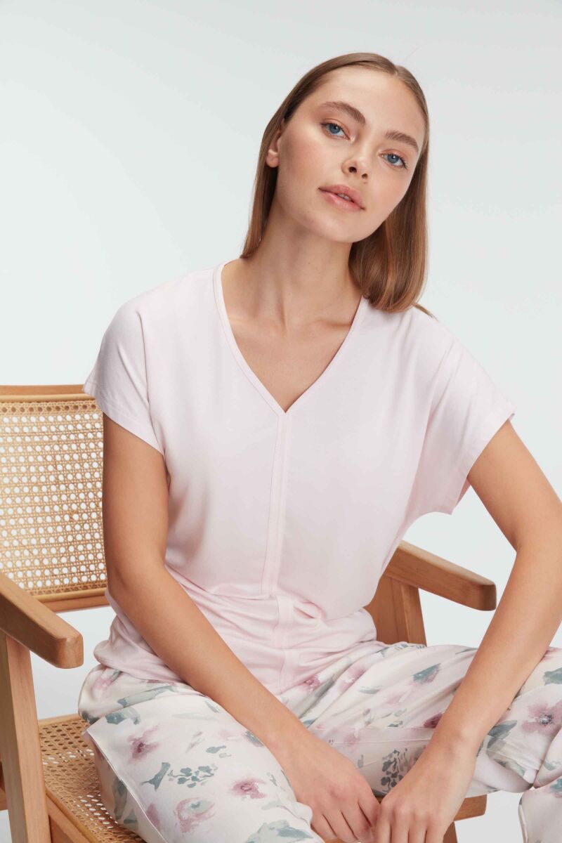 Anıl 9868 Ev Giyimi Kısa Kol V Yaka Kadın Viskon Çiçek Desenli Yazlık Örme Normal Bel Pijama Takımı - 3