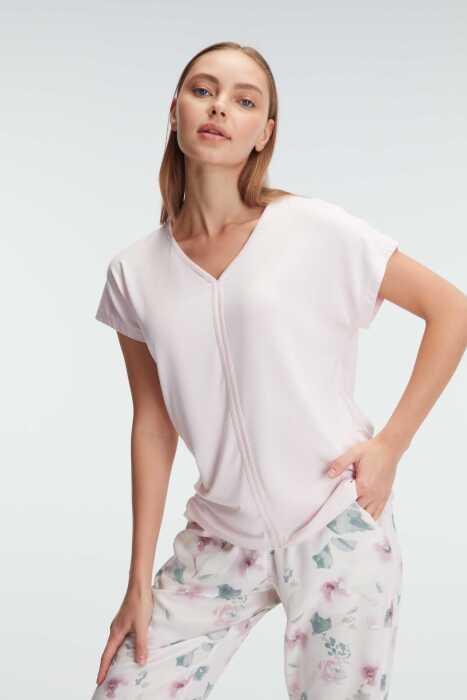 Anıl 9868 Ev Giyimi Kısa Kol V Yaka Kadın Viskon Çiçek Desenli Yazlık Örme Normal Bel Pijama Takımı - 6