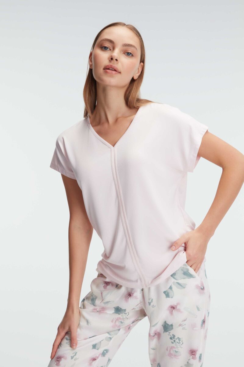 Anıl 9868 Ev Giyimi Kısa Kol V Yaka Kadın Viskon Çiçek Desenli Yazlık Örme Normal Bel Pijama Takımı - 6