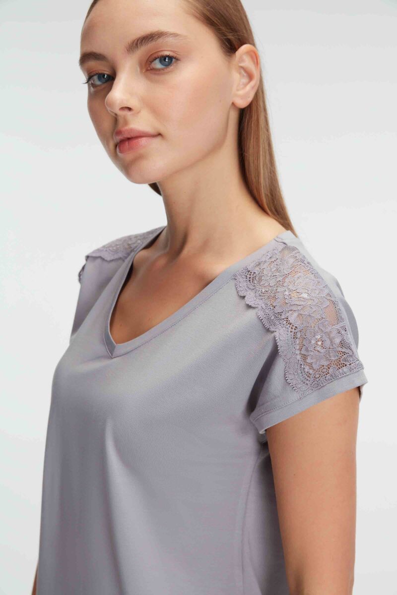 Anıl 9870 Ev Giyimi Kısa Kol V Yaka Kadın BAMBOO Çiçek Desenli Yazlık Örme Normal Bel Pijama Takımı - 2