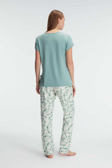 Anıl 9875 kısa kol v yaka Kadın viskon tropikal yazlık örme normal bel Nakış Detaylı Pijama Takımı - 2