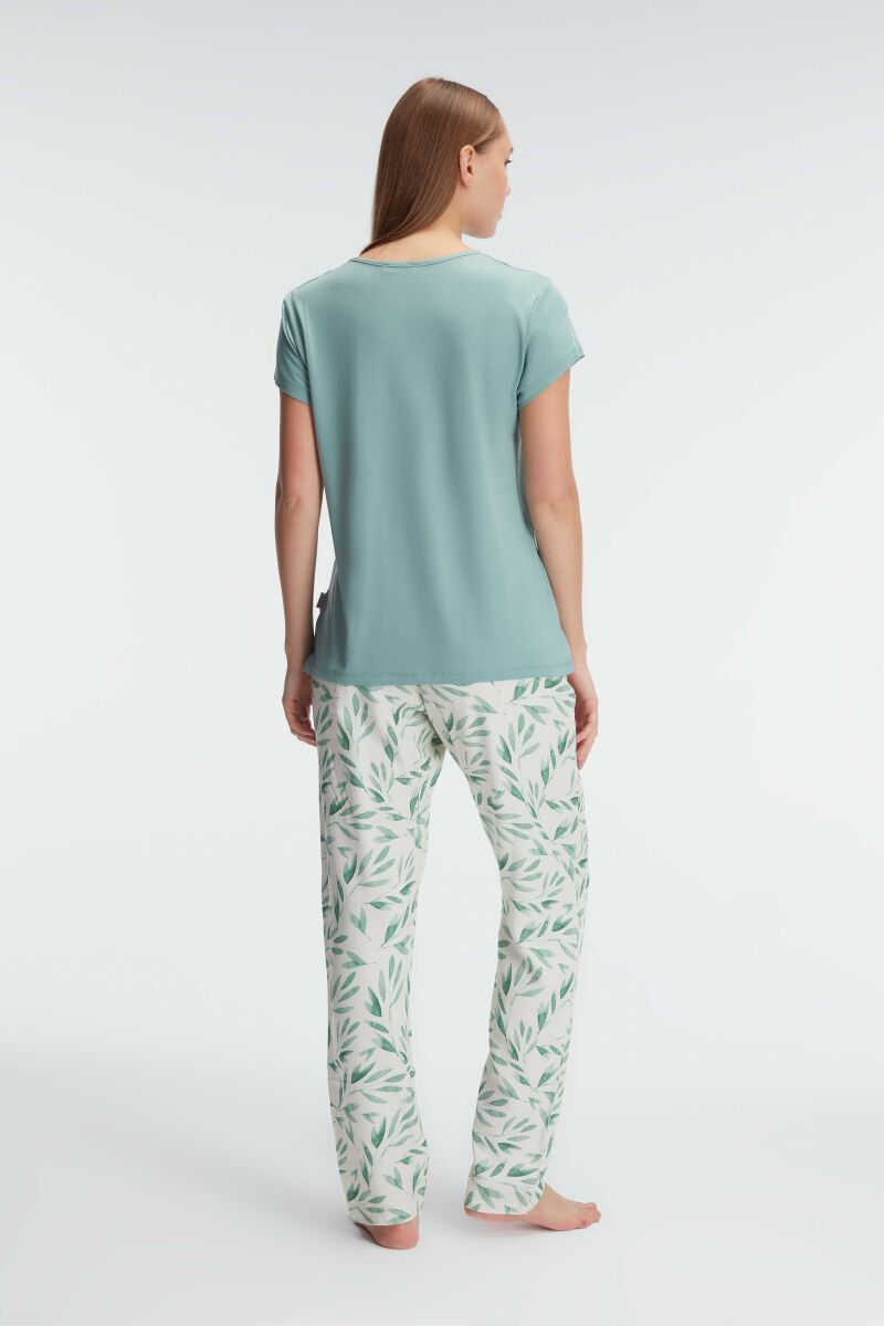 Anıl 9875 kısa kol v yaka Kadın viskon tropikal yazlık örme normal bel Nakış Detaylı Pijama Takımı - 2