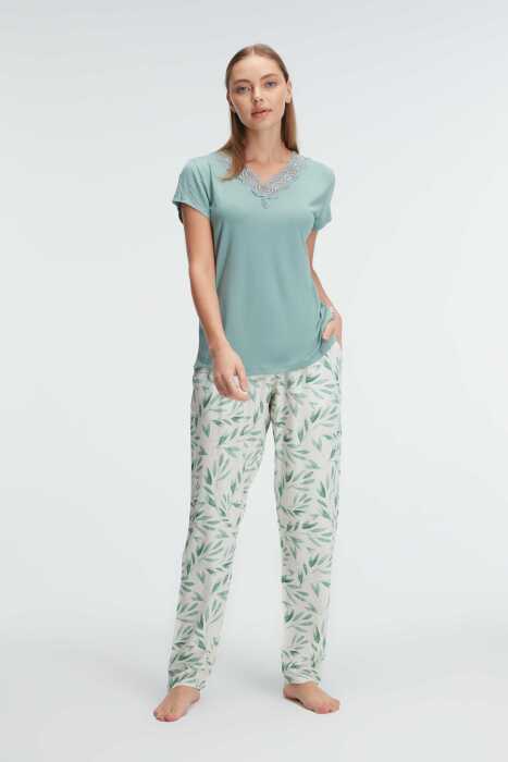 Anıl 9875 kısa kol v yaka Kadın viskon tropikal yazlık örme normal bel Nakış Detaylı Pijama Takımı - 3