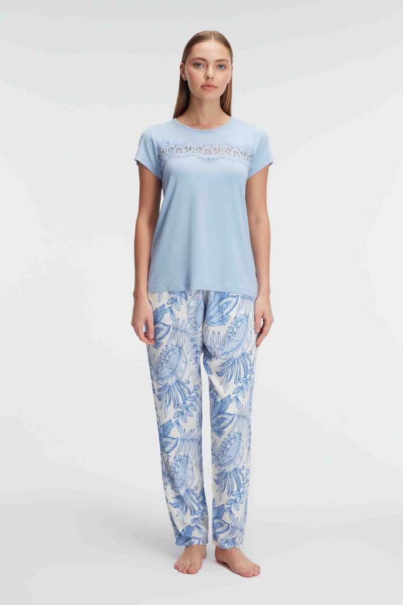 Anıl 9885 Kısa Kol Bisiklet Yaka Kadın Viskon Çiçek Desenli Yazlık ÖRME Dantel Detaylı Pijama Takımı - 1