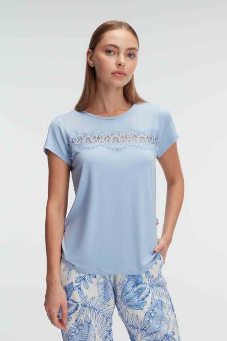 Anıl 9885 Kısa Kol Bisiklet Yaka Kadın Viskon Çiçek Desenli Yazlık ÖRME Dantel Detaylı Pijama Takımı - 2