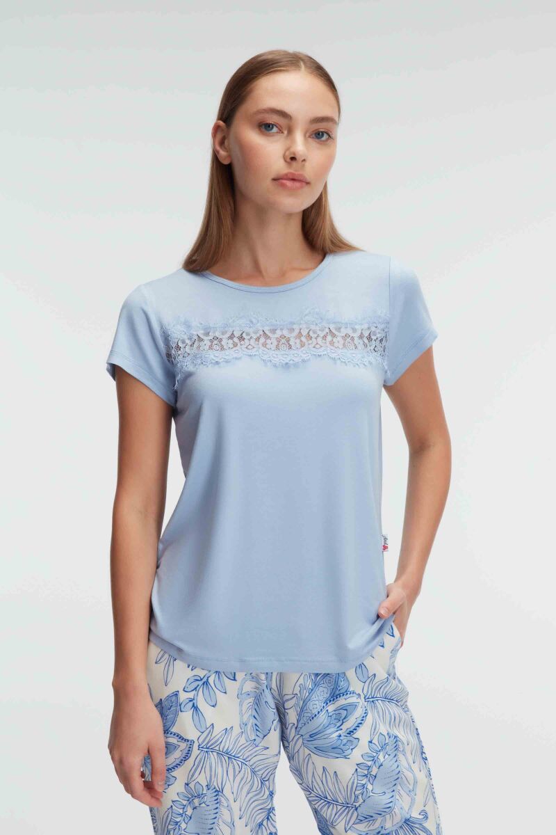Anıl 9885 Kısa Kol Bisiklet Yaka Kadın Viskon Çiçek Desenli Yazlık ÖRME Dantel Detaylı Pijama Takımı - 2