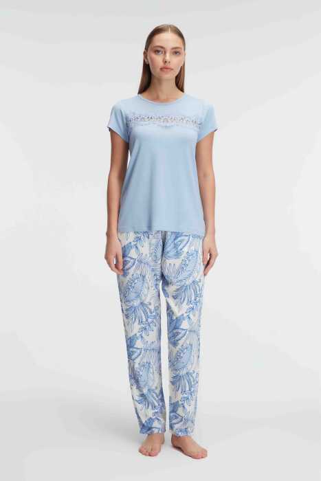 Anıl 9885 Kısa Kol Bisiklet Yaka Kadın Viskon Çiçek Desenli Yazlık ÖRME Dantel Detaylı Pijama Takımı - 5
