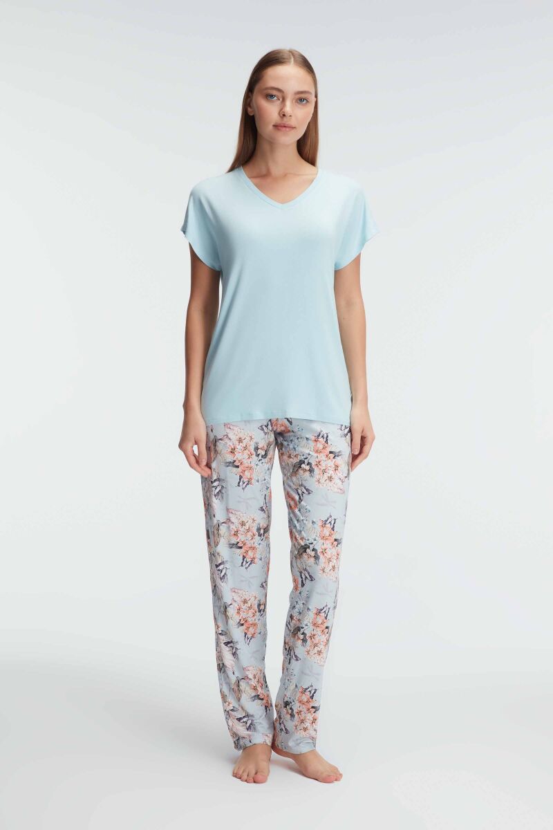 Anıl 9889 Kısa Kol V Yaka Kadın Viskon Çiçek Desenli Yazlık Örme Dantel Detaylı Pijama Takımı - 1