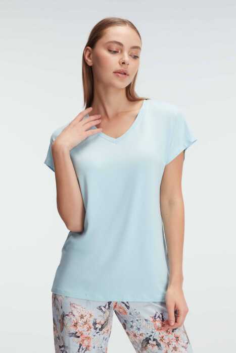 Anıl 9889 Kısa Kol V Yaka Kadın Viskon Çiçek Desenli Yazlık Örme Dantel Detaylı Pijama Takımı - 2