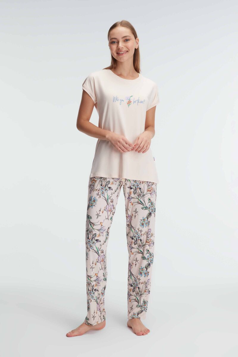 Anıl 9890 Kısa Kol Bisiklet Yaka Kadın Viskon Çiçek Desenli Yazlık Örme Normal Bel Pijama Takımı - 1