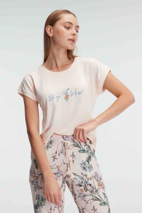 Anıl 9890 Kısa Kol Bisiklet Yaka Kadın Viskon Çiçek Desenli Yazlık Örme Normal Bel Pijama Takımı - 2