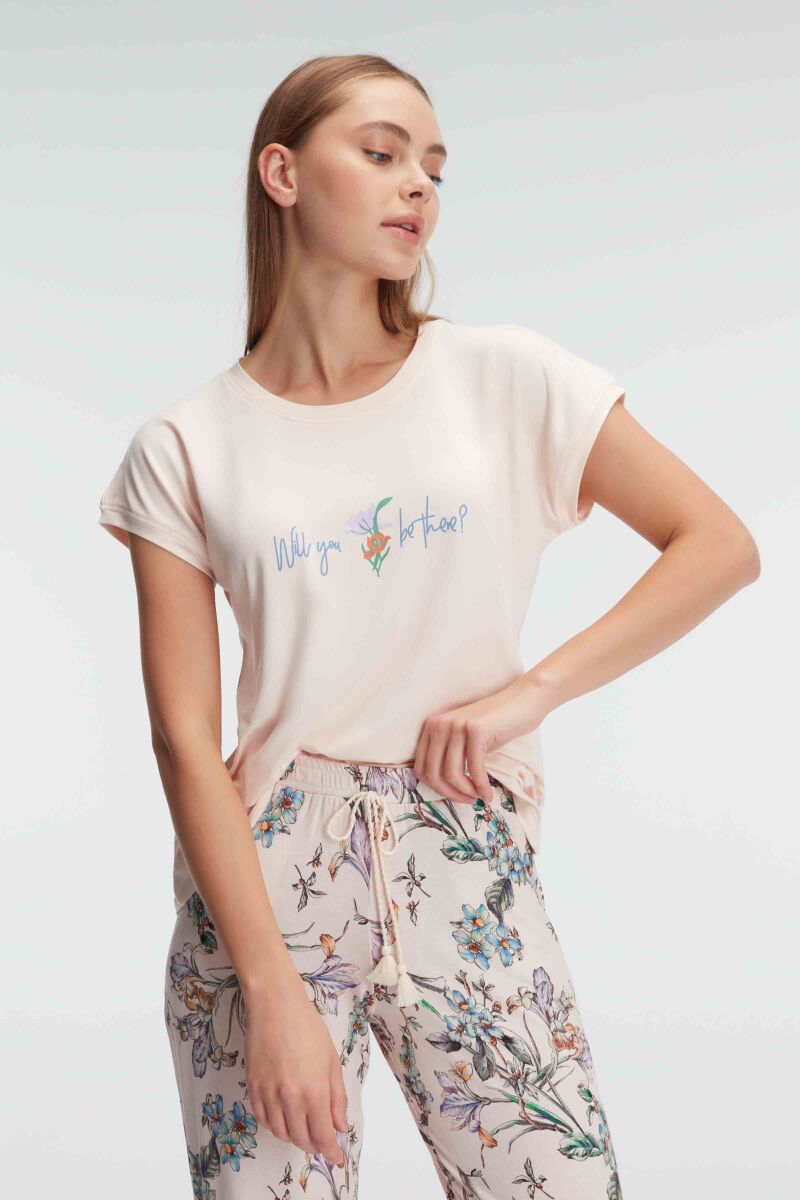 Anıl 9890 Kısa Kol Bisiklet Yaka Kadın Viskon Çiçek Desenli Yazlık Örme Normal Bel Pijama Takımı - 2