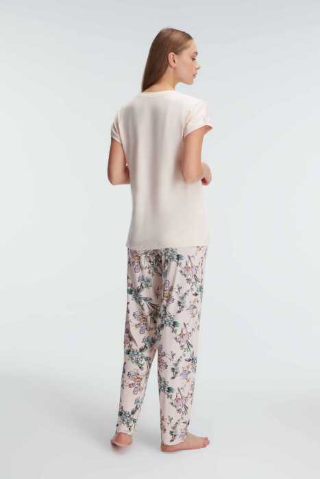 Anıl 9890 Kısa Kol Bisiklet Yaka Kadın Viskon Çiçek Desenli Yazlık Örme Normal Bel Pijama Takımı - 3