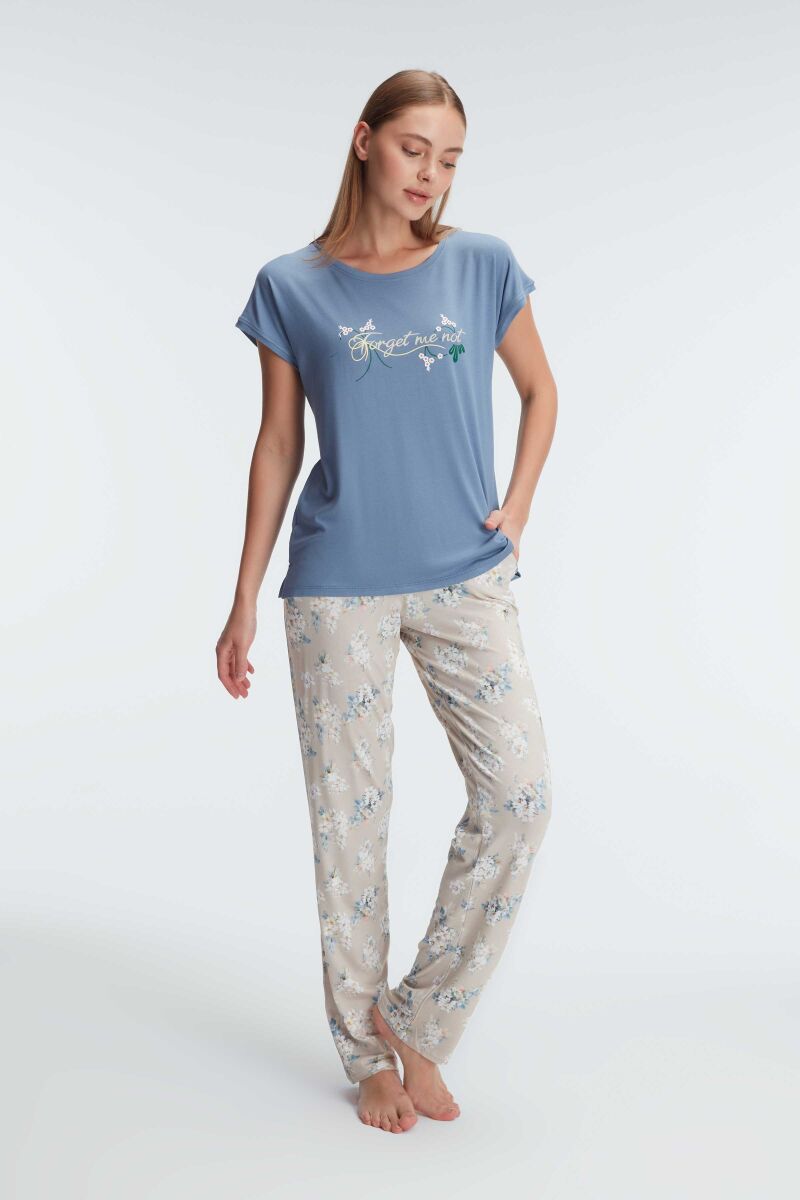 Anıl 9892 Kısa Kol Bisiklet Yaka Kadın Viskon Çiçek Desenli Yazlık Örme Normal Bel Pijama Takımı - 1