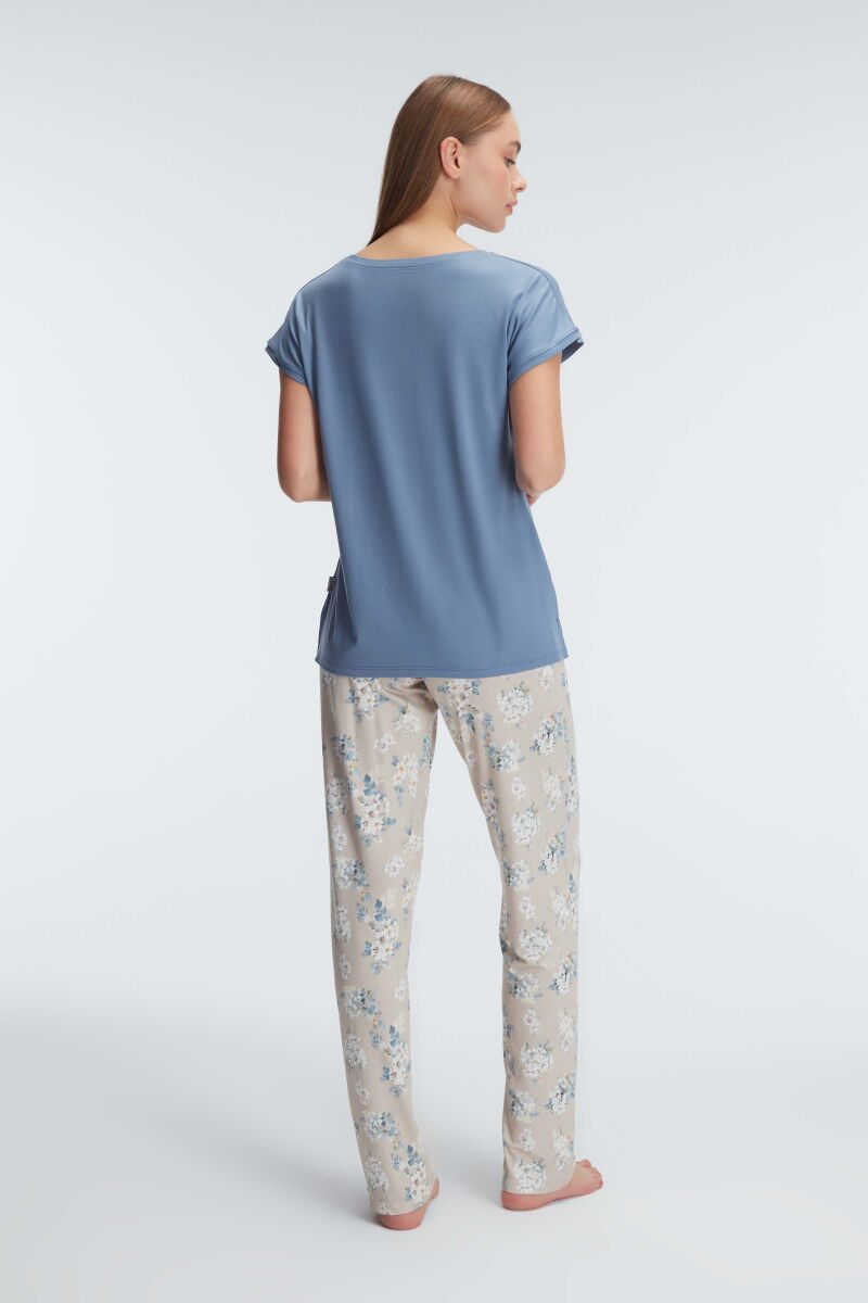 Anıl 9892 Kısa Kol Bisiklet Yaka Kadın Viskon Çiçek Desenli Yazlık Örme Normal Bel Pijama Takımı - 3