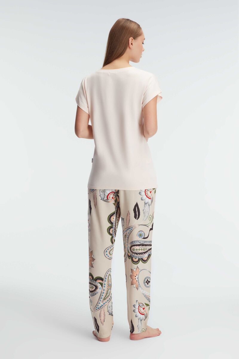 Anıl 9899 Kısa Kol V Yaka Kadın Viskon Çiçek Desenli Yazlık Örme Dantel Detaylı Pijama Takımı - 3