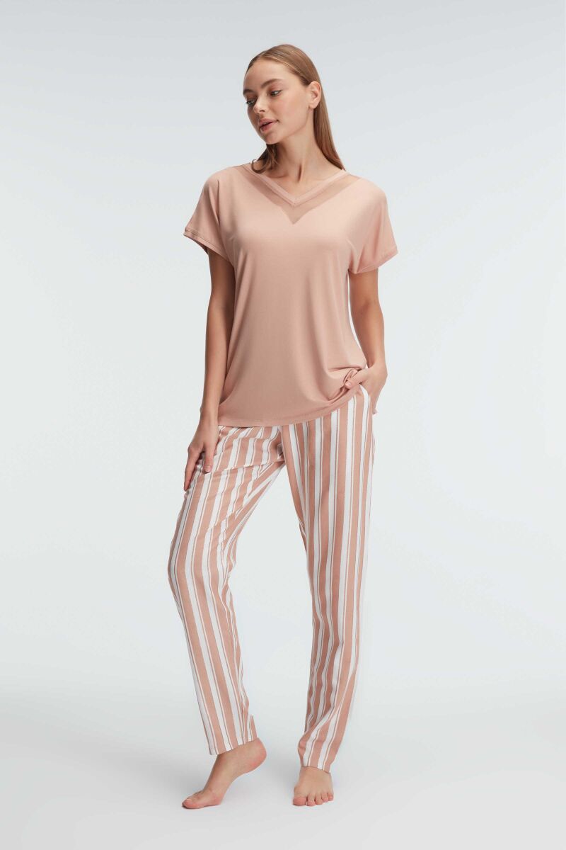 Anıl 9901 Kısa Kol V Yaka Kadın Viskon Çizgili Yazlık Dokuma Transparan Tül Detaylı Pijama Takımı - 1