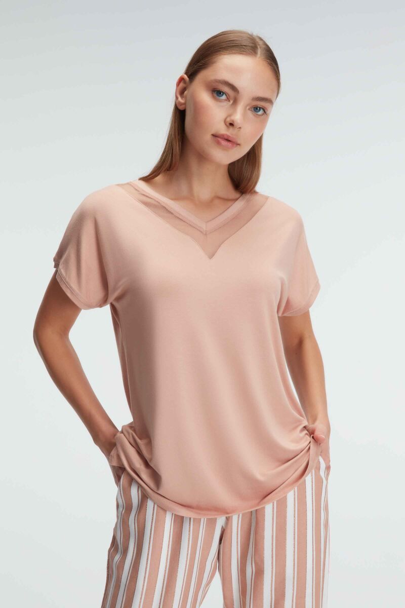 Anıl 9901 Kısa Kol V Yaka Kadın Viskon Çizgili Yazlık Dokuma Transparan Tül Detaylı Pijama Takımı - 2