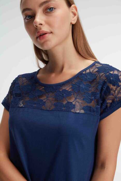 Anıl 9910 KISA KOL BİSİKLET YAKA Kadın VİSKON ÇİÇEK DESENLİ YAZLIK ÖRME Dantel Detaylı Pijama Takımı - 2