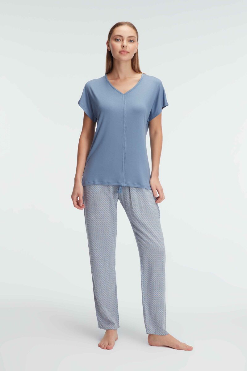 Anıl 9923 Kısa Kol V Yaka Kadın Viskon Geometrik Yazlık Örme Normal Bel Şerit Detaylı Pijama Takımı - 1
